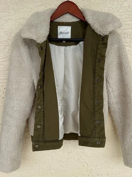 Madewell Sherpa Fleece Snap Jacket Womens Small Ivory Faux Shearling Coat - Picture 2 of 12